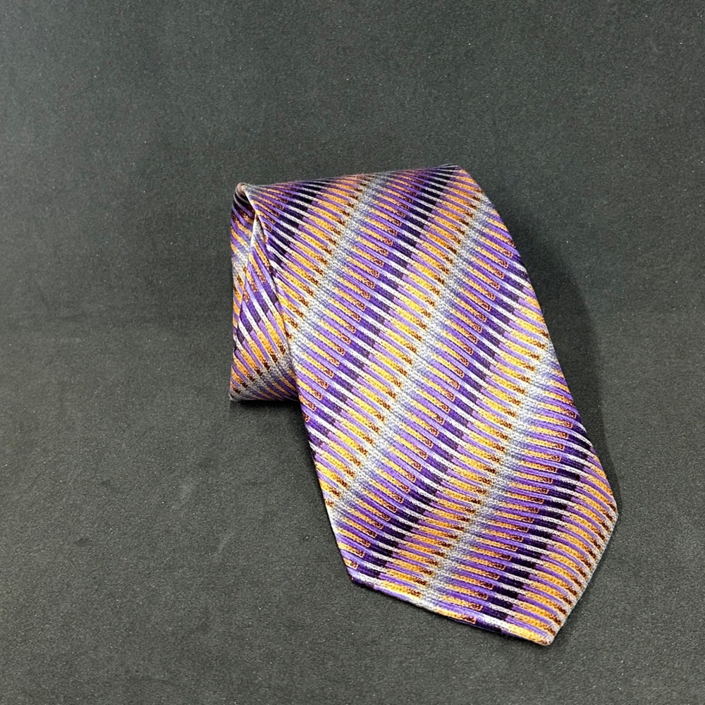 John Blair Mens Silk Necktie Purple Gold Silver Diagonal Striped